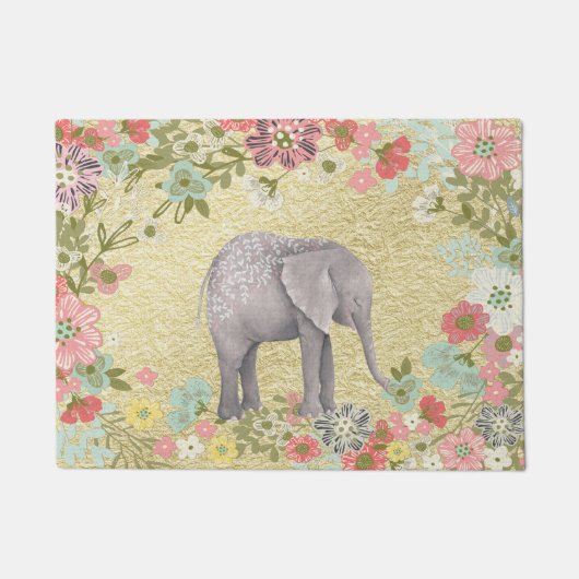 上品な水彩画象花フレームの金ゴールドホイル ドアマット (正面)