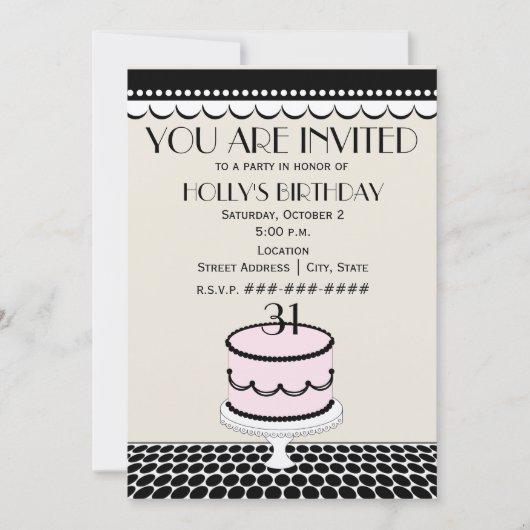 上品な水玉模様お誕生日ケーキ誕生日パーティー 招待状 (正面)