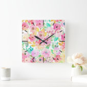 上品な水色の手の絵を描フローラデザイン スクエア壁時計 (ホーム)