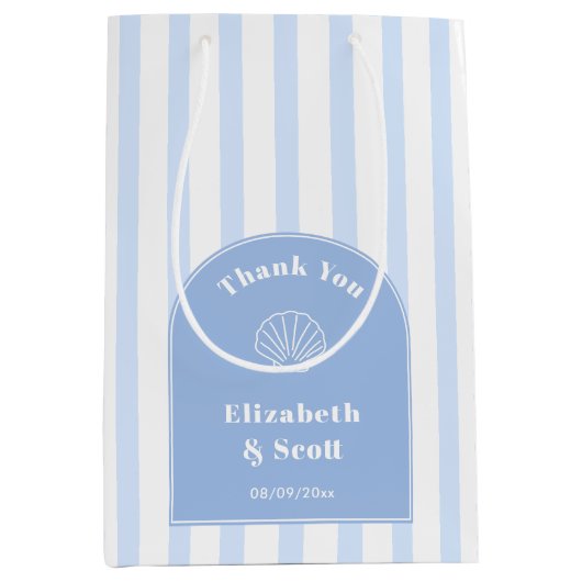 上品な沿岸ブルーホワイトストライプ結婚の感謝 ミディアムペーパーバッグ (正面)