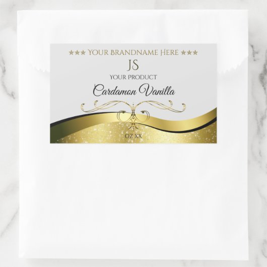 上品な波状金ゴールドデコーライトグレーモノグラムラベル 長方形シール (バッグ)