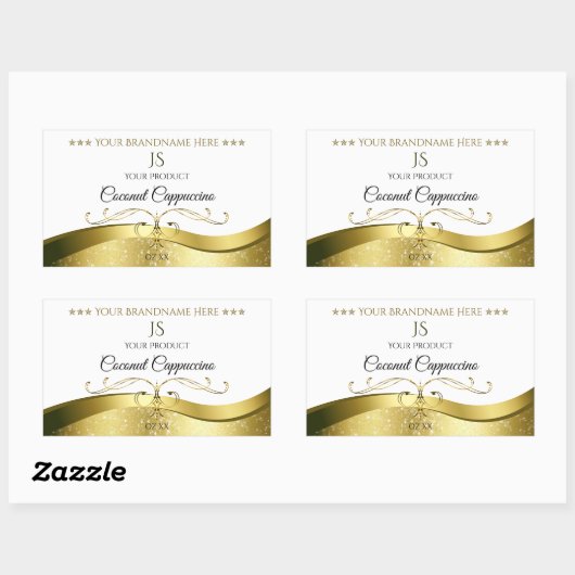 上品な波状金ゴールドデコーライトホワイトモノグラムラベル 長方形シール (シート)