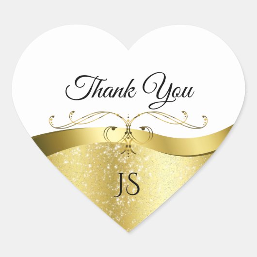 上品な波状金ゴールドデコールオンライトホワイトありがとう ハートシール (正面)