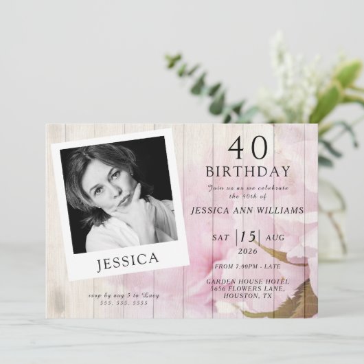 上品な洗練された写真フェミニン誕生日 招待状 (スタンド正面)