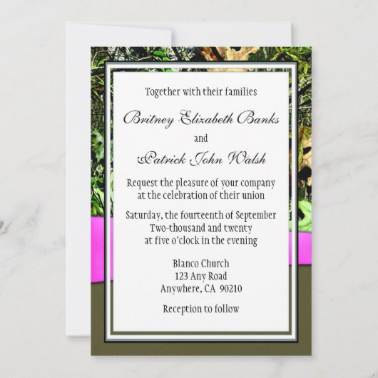 上品な淡いピンクの狩りの迷彩柄の結婚式招待状 招待状 (裏面)