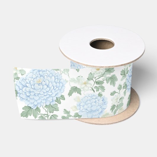 上品な淡い青と白の花のブライズシャワー サテンリボン (リール)