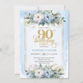 上品な淡い青と金のリース 90歳の誕生日 招待状 (正面)