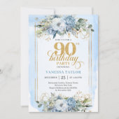 上品な淡い青のゴールドスタイル90歳の誕生日 招待状 (正面)