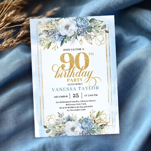 上品な淡い青のゴールドスタイル90歳の誕生日 招待状