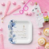 上品な淡い青の透明フラワーデザイン確認用紙 ペーパープレート (パーティー)