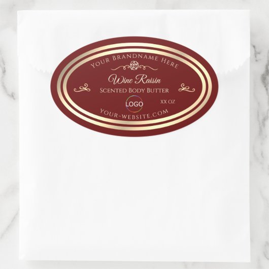 上品な深いレッドプロダクトラベル金ゴールドフレーム（ロゴ付き） 楕円形シール (バッグ)