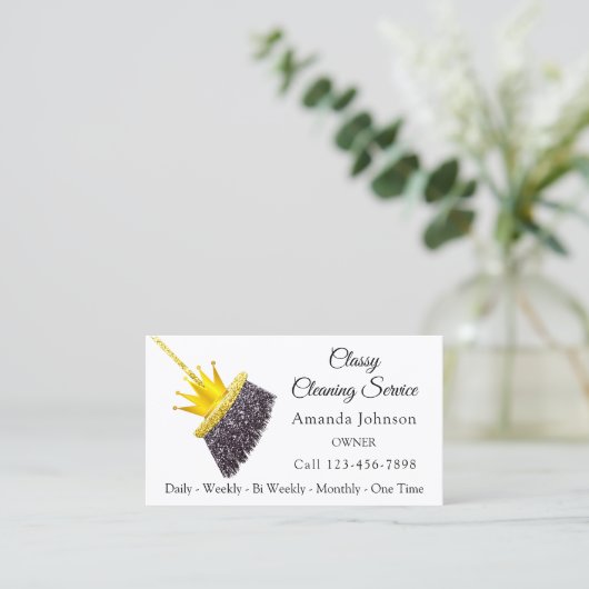 上品な清掃サービスメイドホワイト金ゴールドクラウン 名刺 (スタンド正面)