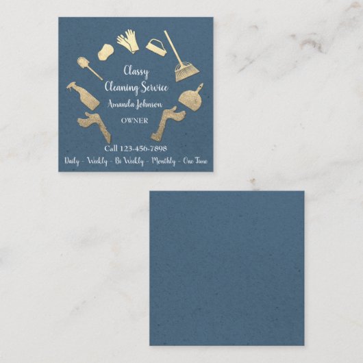 上品な清掃サービス金ゴールドロゴメイドKraft Blue スクエア名刺 (正面/裏面)