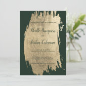 上品な濃い緑の金ゴールドブラシストローク結婚シック 招待状 (スタンド正面)
