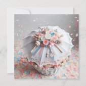 上品な白いシャワー傘の花、ベビーガラガラ 招待状 (正面)