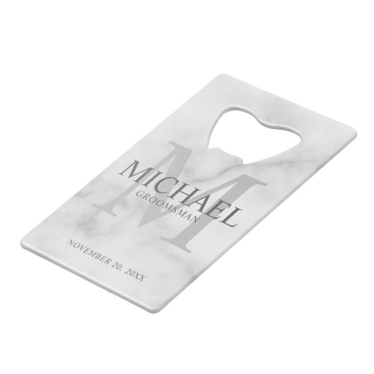 上品な白い大理石のグパーソナライズされたロンプマン クレジットカード栓抜き (正面アングル)