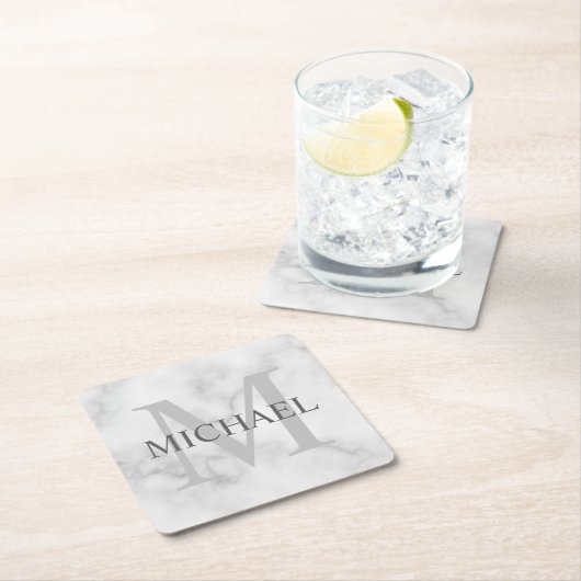 上品な白い大理石パーソナライズされたモノグラムと名前 スクエアペーパーコースター (インサイチュ)