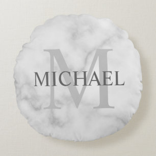 上品な白い大理石パーソナライズされたモノグラムと名前 ラウンドクッション