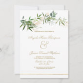 上品な白い緑の金ゴールドグリッター結婚の葉 招待状 (正面)