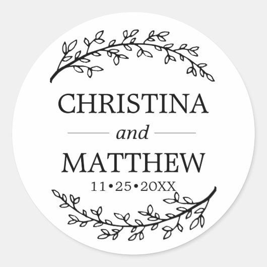 上品な白い黒いローレルの枝結婚の数 ラウンドシール (正面)