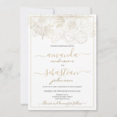 上品な白と金ゴールドのバラのフローラ結婚 招待状 (正面)