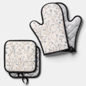 上品な白と青の花柄のブライズシャワー 鍋つかみ&鍋敷きセット (正面/裏面)