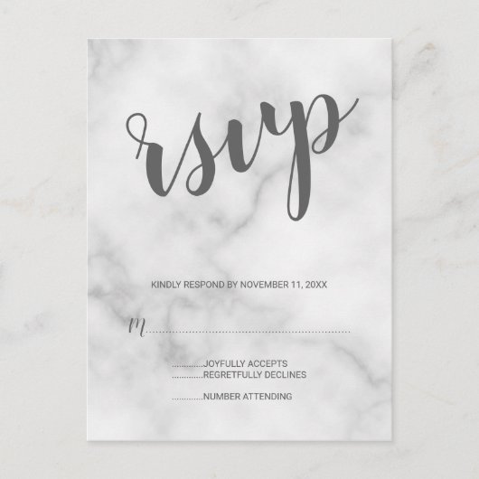 上品な白エレガント大理石ウェディングRSVP インビテーションポストカード (正面)
