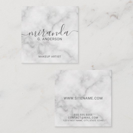 上品な白エレガント大理石スクリプモダント スクエア名刺 (正面/裏面)