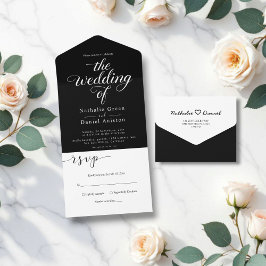 上品な白黒の書道台本結婚の オールインワン招待状