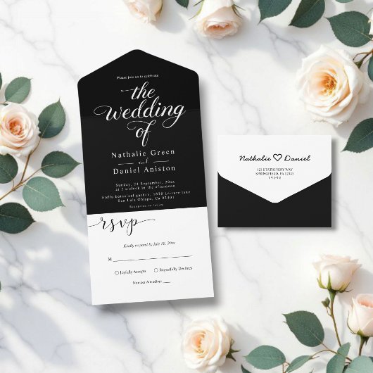 上品な白黒の書道台本結婚の オールインワン招待状