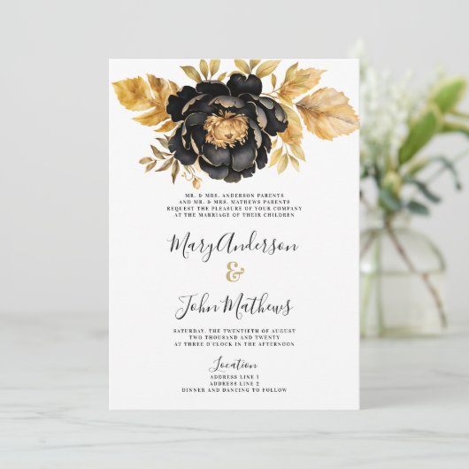 上品な白黒アイボリー金ゴールド牡丹結婚フローラ 招待状 (スタンド正面)