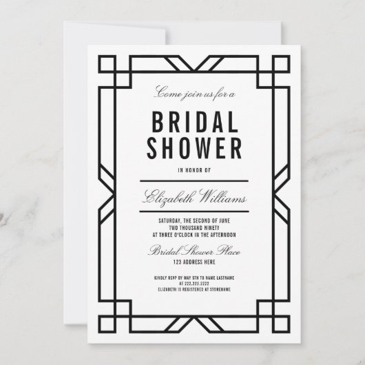 上品な白黒アールデコフレームブライダルシャワー 招待状 (正面)