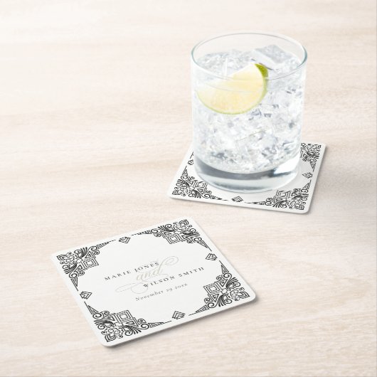 上品な白黒アールデコ華美結婚ズ スクエアペーパーコースター (インサイチュ)