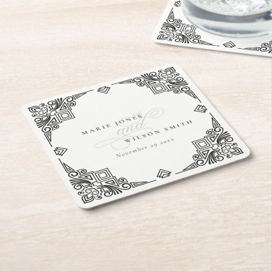 上品な白黒アールデコ華美結婚ズ スクエアペーパーコースター (アングル)