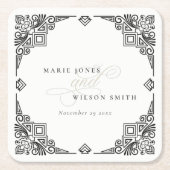 上品な白黒アールデコ華美結婚ズ スクエアペーパーコースター (正面)