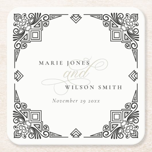 上品な白黒アールデコ華美結婚ズ スクエアペーパーコースター (正面)