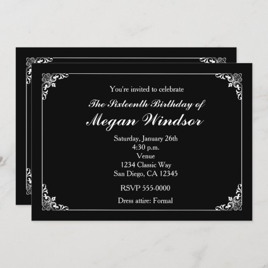 上品な白黒エレガントヴィンテージウェディング 招待状 (正面/裏面)