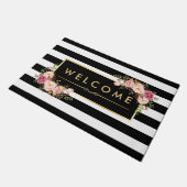 上品な白黒ストライプズビューティフルフローラデコール ドアマット (アングル)