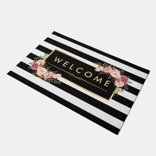上品な白黒ストライプズビューティフルフローラデコール ドアマット (アングル)