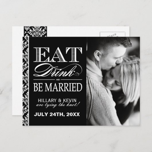 上品な白黒ダマスク日付を保存 案内ポストカード (正面/裏面)