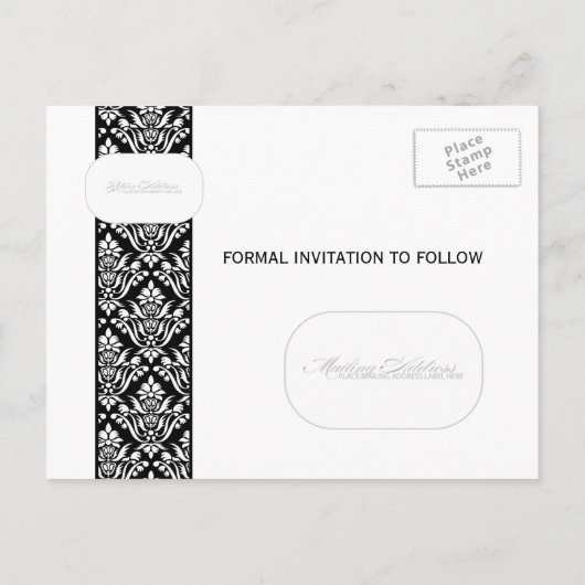 上品な白黒ダマスク日付を保存 案内ポストカード (裏面)