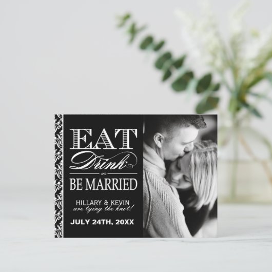 上品な白黒ダマスク日付を保存 案内ポストカード (スタンド正面)