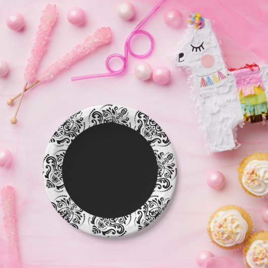 上品な白黒ダマスク織 ペーパープレート (パーティー)