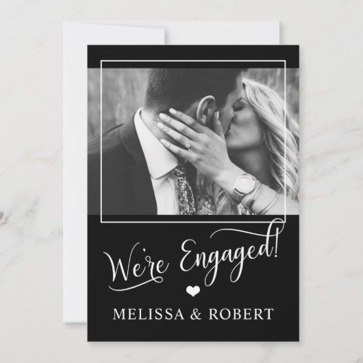 上品な白黒ハート婚約パーティ写真 招待状 (正面)