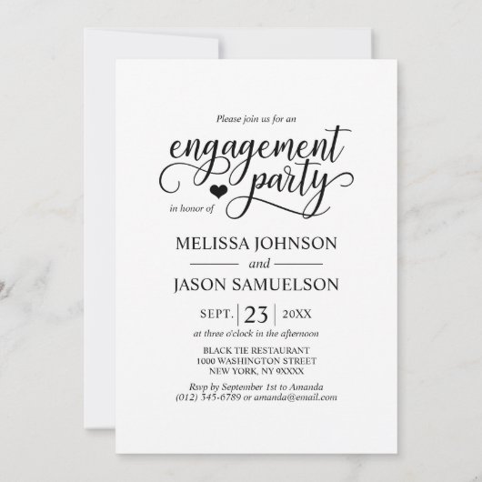 上品な白黒ハート婚約パーティ写真 招待状 (裏面)