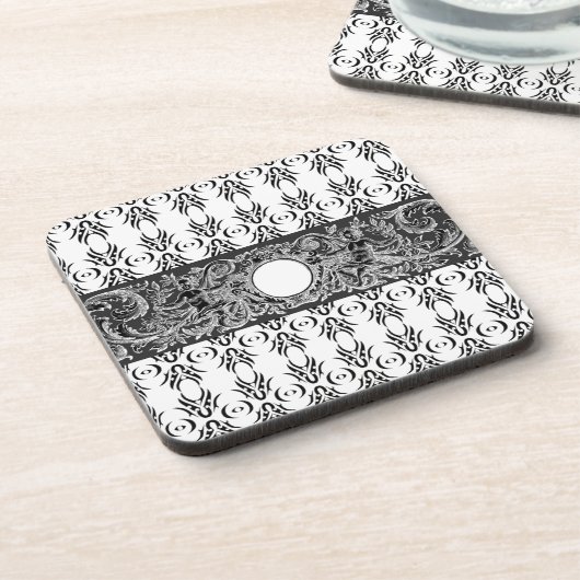 上品な白黒バロックのパターカスタマイズン コースター (左側)