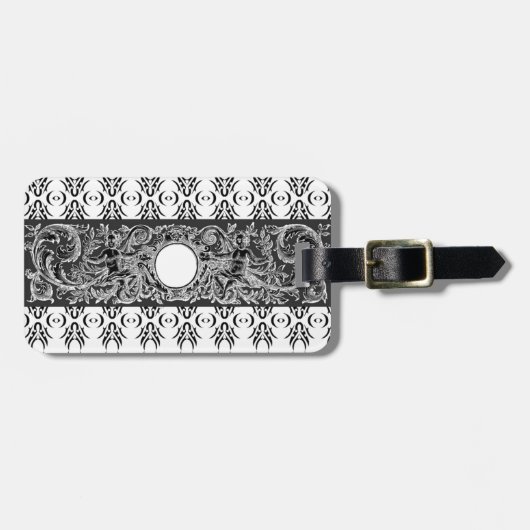 上品な白黒バロックのパターカスタマイズン ラゲッジタグ (正面横)