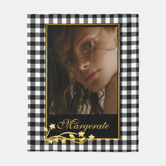 上品な白黒フォトパーソナライズされた金ゴールドフレーム フリースブランケット (正面)