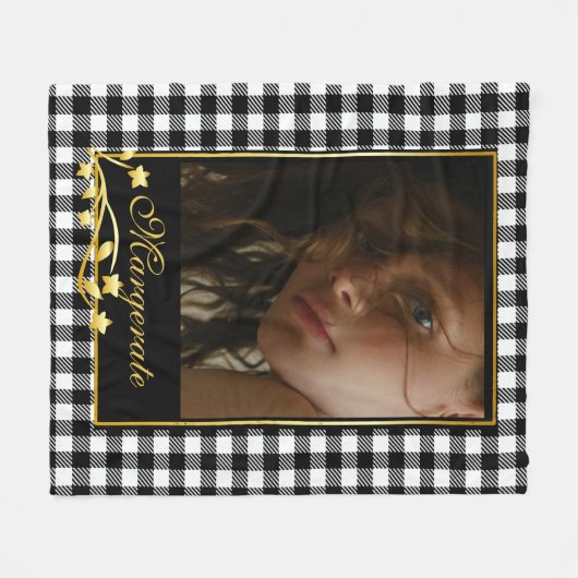 上品な白黒フォトパーソナライズされた金ゴールドフレーム フリースブランケット (正面(横))