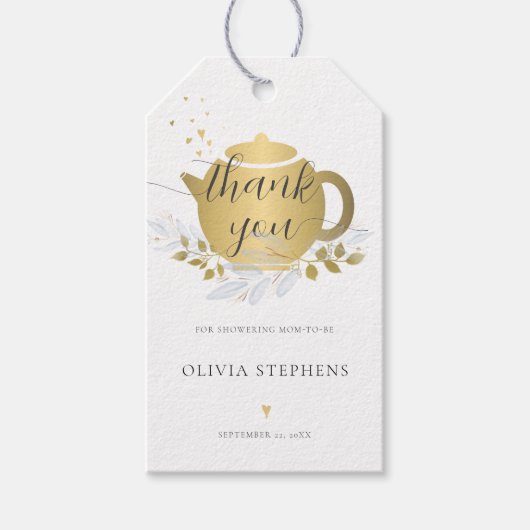 上品な紅茶パーティー金ゴールドブルーフローラ男の赤ちゃんシャワー ギフトタグ (正面)